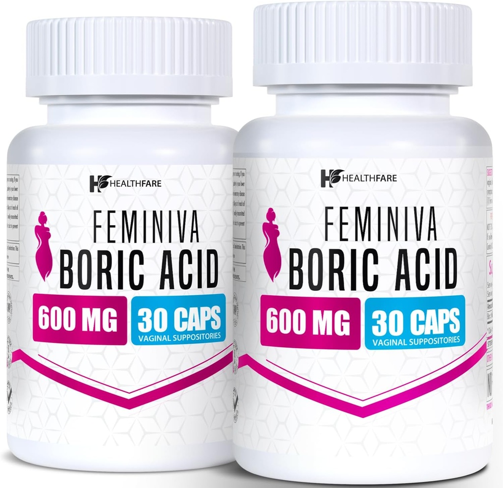 Helsefare Feminiva Boric Acid Suppositories | 2-Pack | 30 Vaginal Suppositories Hver | 600mg | 100% ren | laget i USA