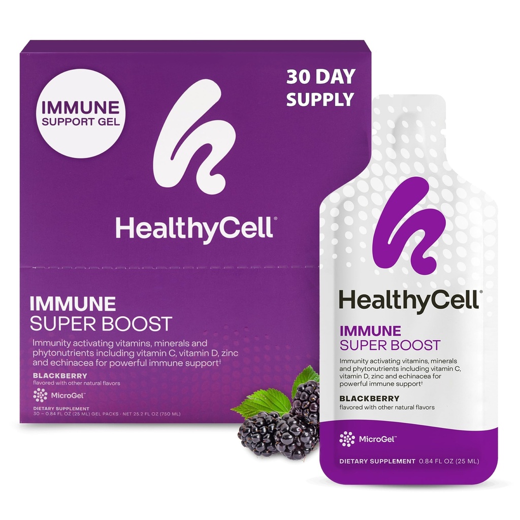 Healthycell Immune Super Boost Daily Liquid Supplement - immunstøtte til voksne med Echinacea, Elderberry, vitamin C, vitamin D, kalsium og sink - 30 Gel-pakker