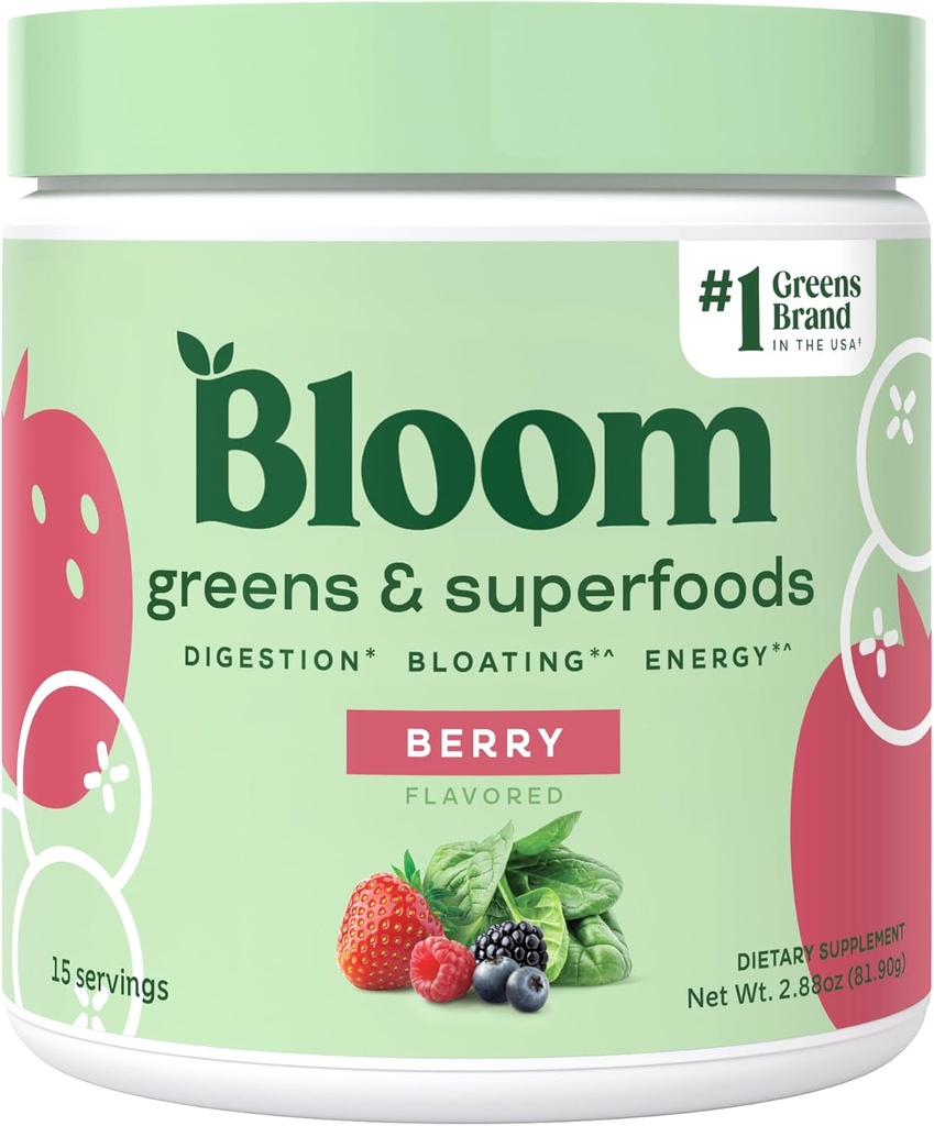 Bloom Nutrition Superfood Grønn pulver, Digestive Enzymes w/Probiotika og prebiotika, Gut helse, Bloating Relief for kvinner, Klorella, 15 SVG (15 Serveringer (Pack of 1), Berry)