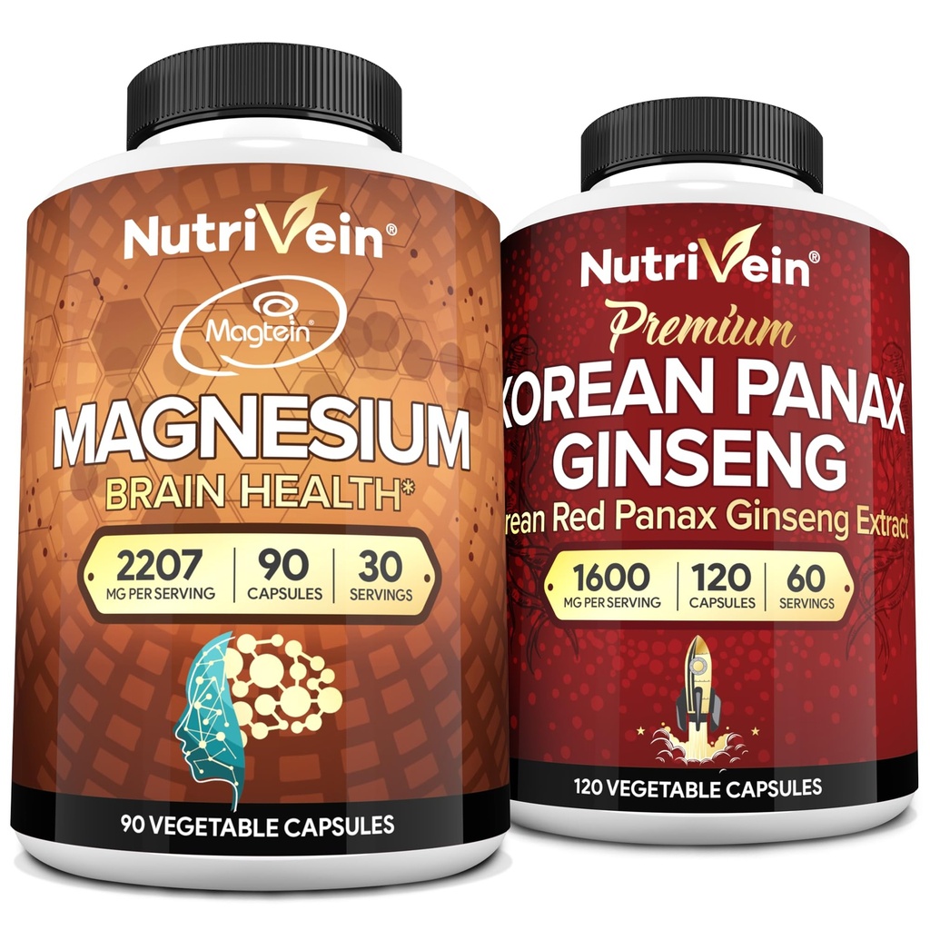 Nutrivein Premium Magnesium L-Treonate & Panax Ginseng Supplement Bundle: Høyabsorpsjon Magnesium Threonate og Red Ginseng Supplement Par for hjerne, Mood, & Vitality