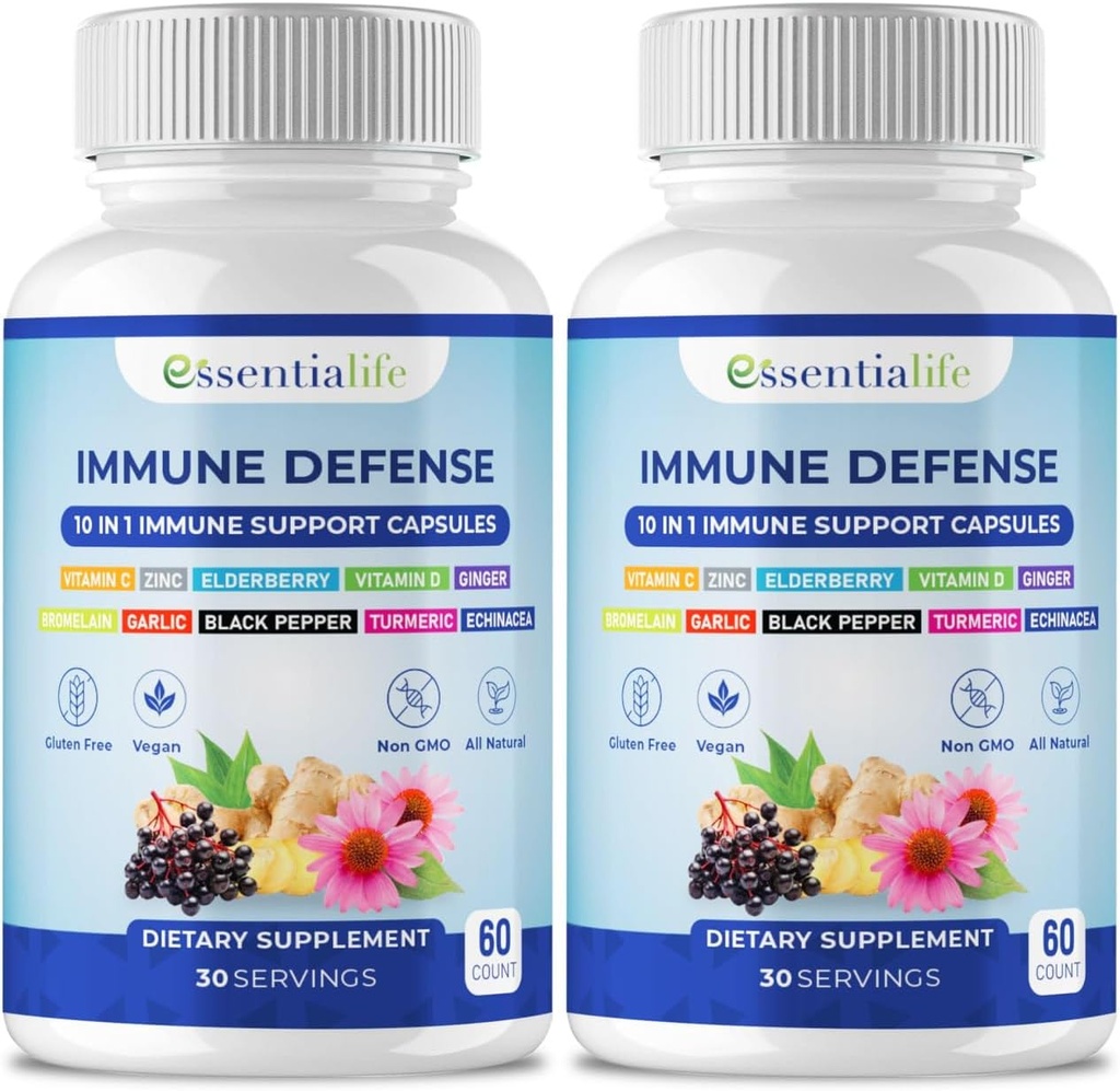 Immunstøtte Supplement - 2 Pakker 10 I 1 Elderbær, Echinacea, vitamin D, vitamin C 1000 mg & sink Supplement - med immunforsterker for voksne - 120 Vitaminer Kapsler