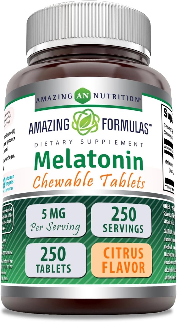 Amazing Formler Melatonin Chewable Supplement | 5 Mg Per Serving | 250 Tabletter | Ikke-GMO | Glutenfri | laget i USA (Citrus Flavor)