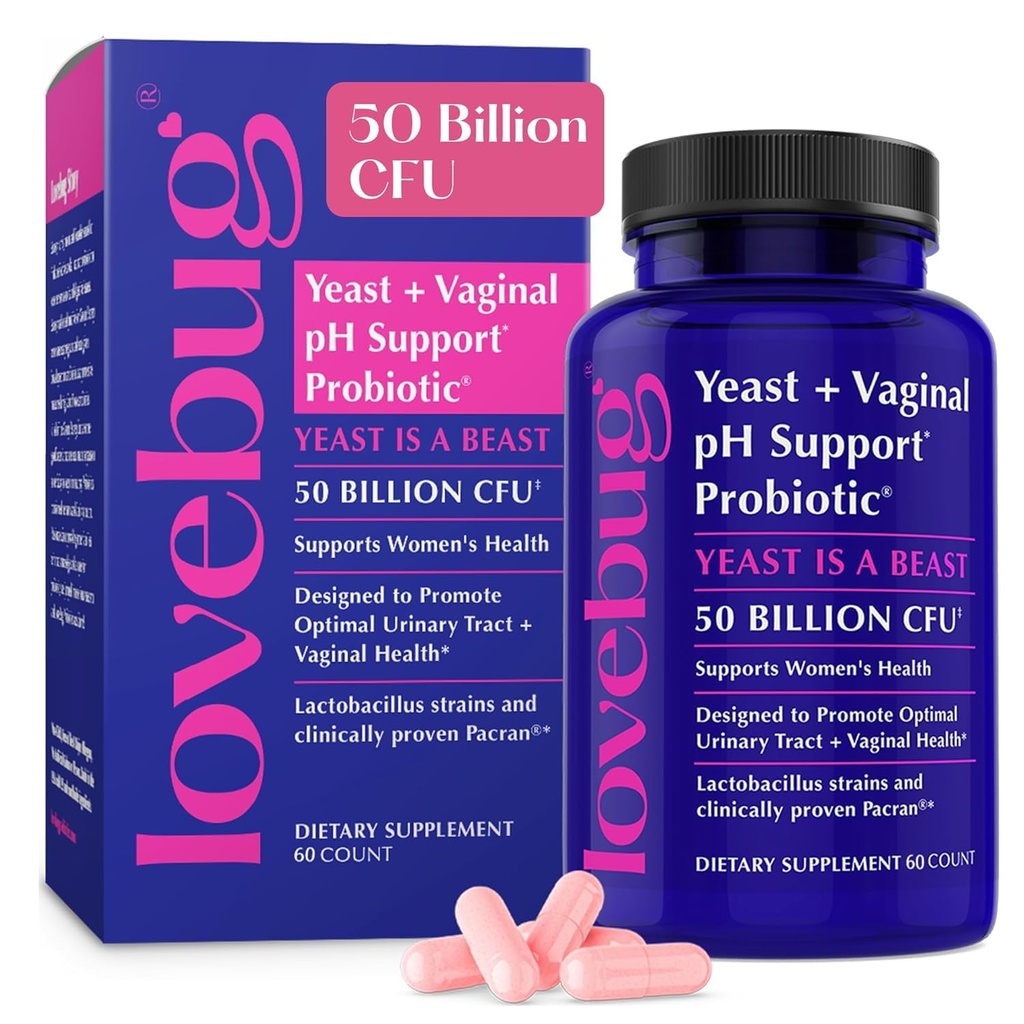 Lovebug Yeast og Vaginal Probiotika for kvinner pH Balance & Urin Tract, 50 milliarder CFU, UTI, BV, Odor støtte med Lactobacillus, Bifidobacterium, Digestiv og Vaginal helse supplement 60 kapsler