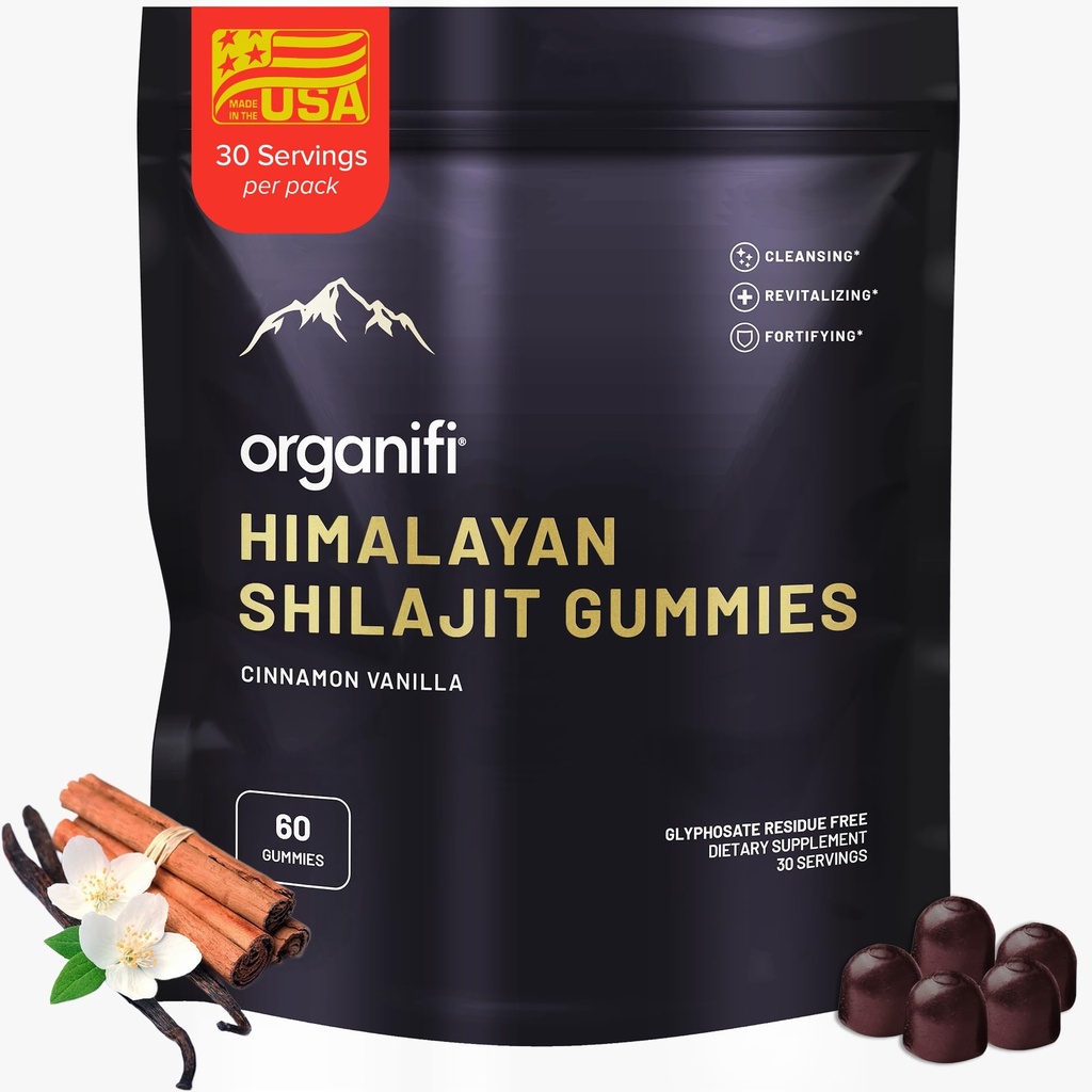 Organifi Shilajit Gummier - Himalayan Shilajit for menn og kvinner med PrimaVie Shilajit, 40-Plus Trace Minerals, og mer - Hormon Balancer, Boosts Cellular Energy, Beats tretthet, og mer, 60 greve