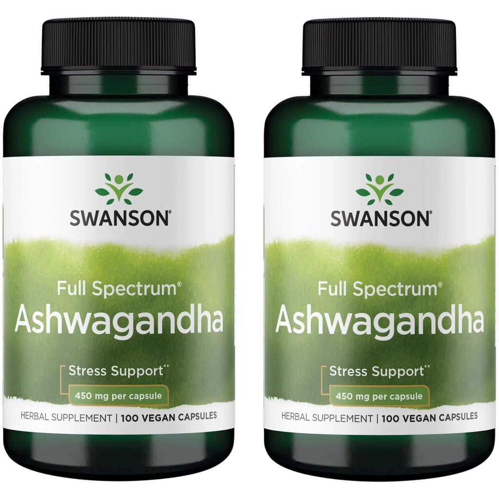 Swanson Ashwagandha pulver Supplement - med Ashwagandha Root å fremme stress relief & energi - Ayurvedic Supplement for naturlig velvære (100 kapsler, 450 mg hver) 2 pakke