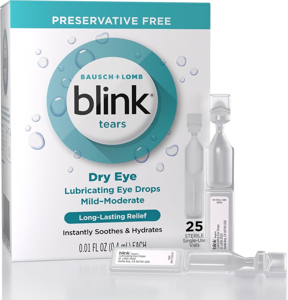 Blink Tårer Lubrerende Øyedråper Preservativt gratis, motivere og beroligende for mild til moderat tørr øye, med hyaluronat, reduserer dekomfort, langvarige hydrasjon, 0,01 enkeltbruks vialer, 25 greve
