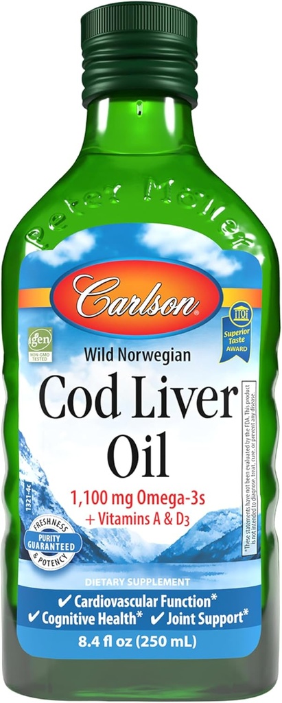 Carlson - Cod Liver Oil 1100 mg Omega-3s Plus vitaminer A & D3 - Wild Caught EPA DHA Omega 3 Supplement - Norsk Arktis, Sustainablely Source Nordic Fish Oil Liquid, Unflavored, 250 ml (8,4 Fl Oz)