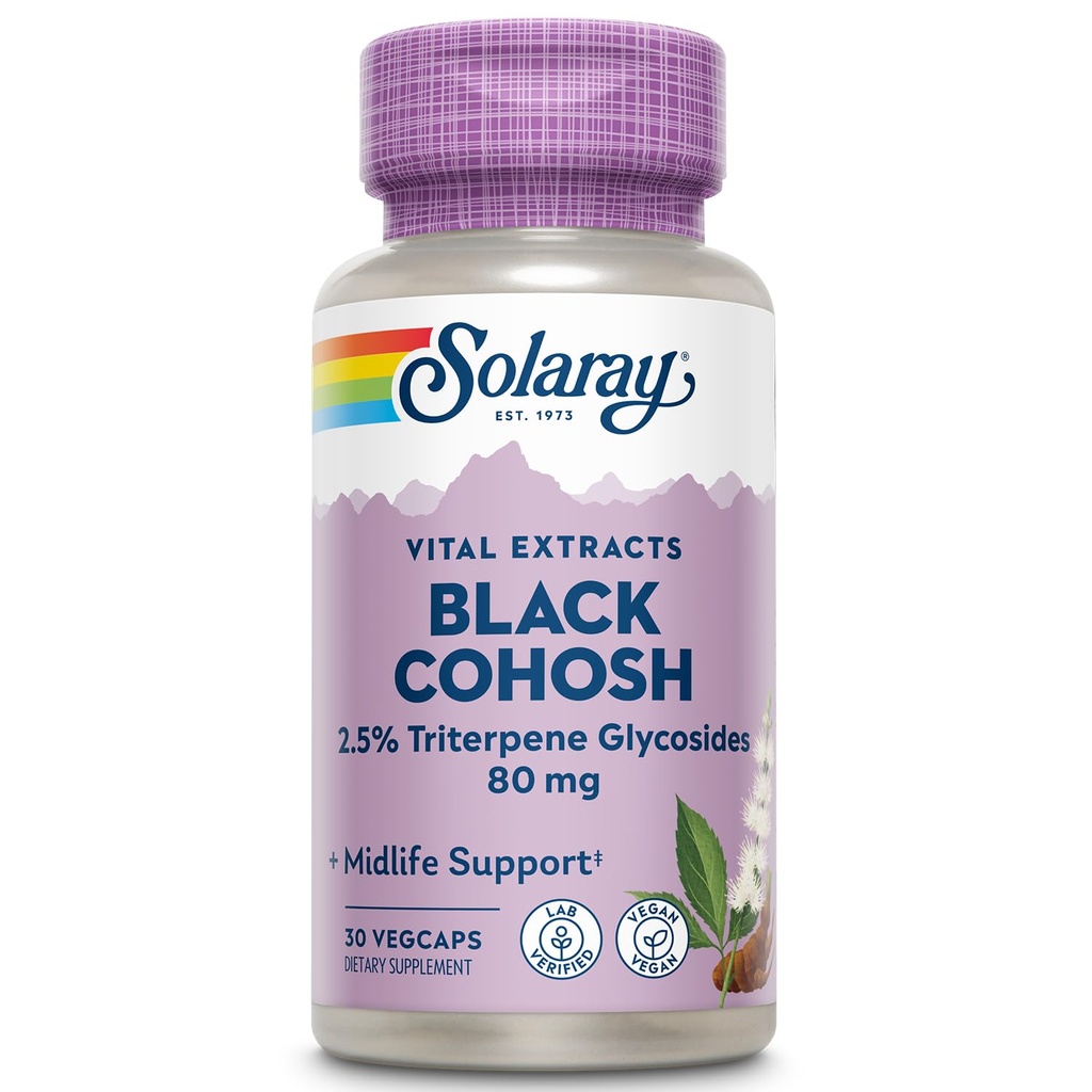 SOLARAY Black Cohosh Root ekstrakt 80 mg | En daglig kvinners helse og menopause støtte Supplement | Ikke-GMO, Vegan & Lab verifisert | 30 Vegkaps