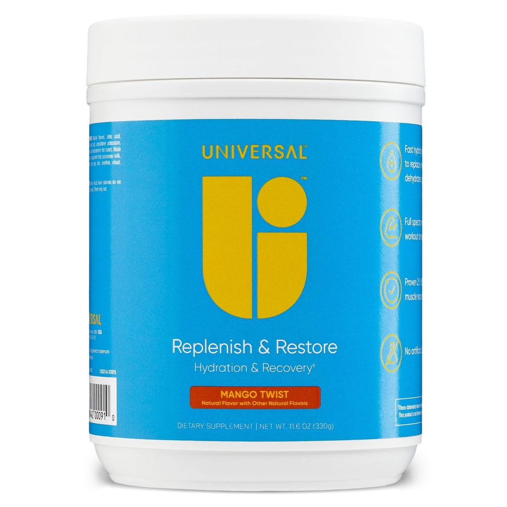 Universal U Replenish & Restore pulver, Hydration & Recovery, fremmer muskelreparasjon og vekst, Custom Dosing, L-Lysine, L-Glutamine, L-Tryptophan, Ingen kunstige Flavors, 30 Serveringer (Mango Twist)