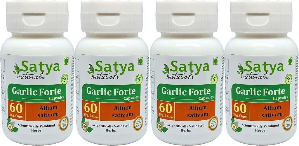 Garlic Forte Kapsler 500 mg. 60 Veg. Kapsel | Lahsan (Allium Sativum) ekstrakt kapsler for menn og kvinner | Ayurvedic Herbal Supplement/Remedies | 10:1 Forte (4 flasker med 60 Kapsler)
