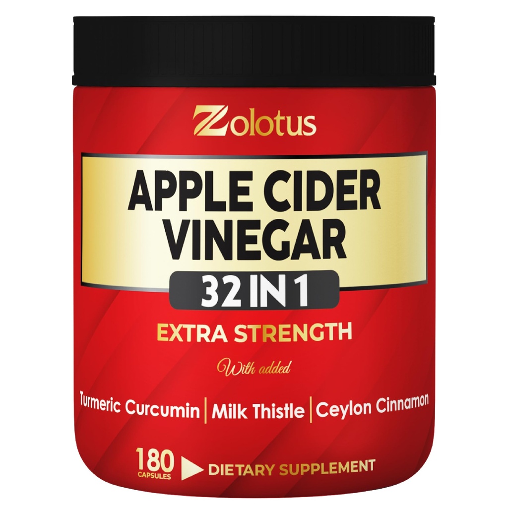 Zolotus 32in1 Apple Cider Vinegar Capsules med gurkemeie, kanel, milk tistel, eldrebær, Quercetin og mer for støtte, immunforsvar - 180 Kapsler