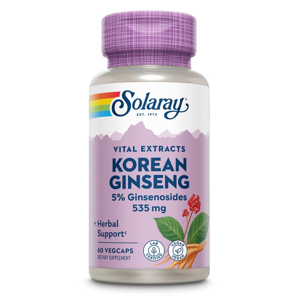 SOLARAY Korean Ginseng Root Extract - Herbal støtte for anledningsstress, energi og fysisk utholdenhet - 5% Ginsenosides - Vegan, Lab Verifisert - 60 Services, 60 Vegkaps