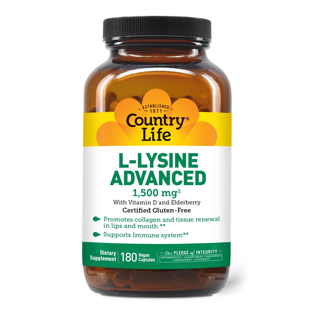 Country Life L-Lysine 1500mg Kapsler med vitamin D & Elderberry – Avansert immunstøtte og kollagenfornyelse – sertifisert Glutenfri & Vegan – 180 kapsler