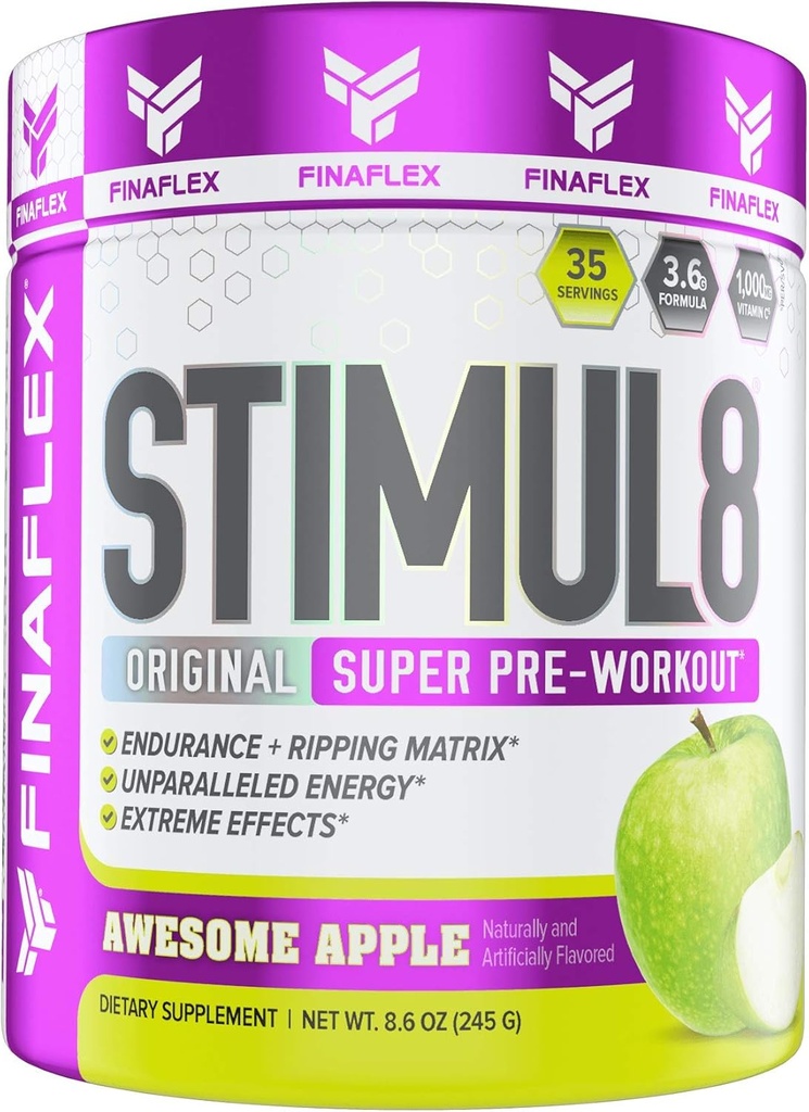 FINAFLEX STIMUL8 Original Super Pre-Workout, Awesome Apple - Energi, styrke og utholdenhet for menn og kvinner - med koffein, Beta-Alanin & Vitamin C - 35 Serveringer