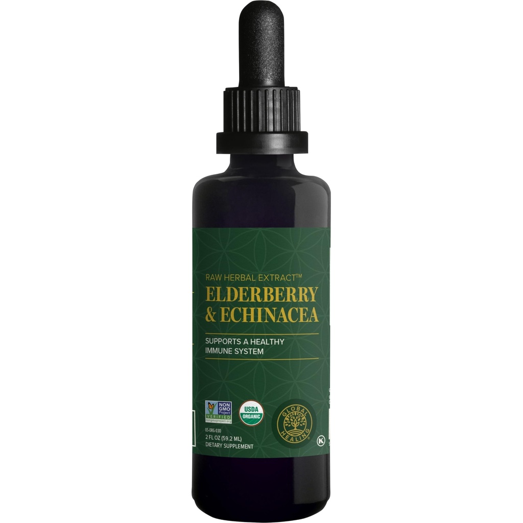 Global Healing USDA Organic Elderberry & Echinacea Liquid Supplement Tinktur ® Antioksidant Immune Support Mot Skadelig Organismer for voksne og barn, Vegan, Ikke-GMO, 1-måneders Supply (2 Oz)