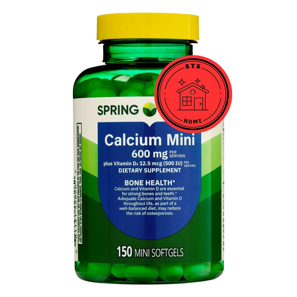Spring Valley Kalsium Plus vitamin D3 150 Mini Softgels | Kalsium Supplement | CaIcium mini mykegels | CaIcium 600 mg med vitamin d3 | 150 Mini Softgels + STS klistremerke