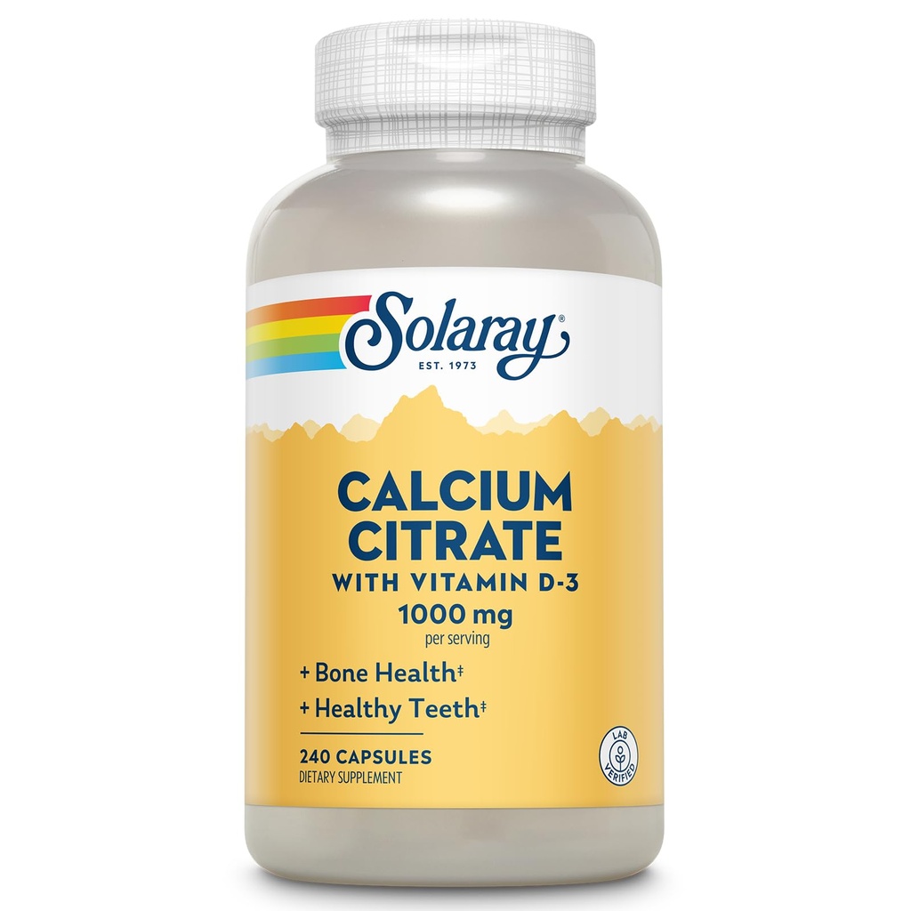 Solaray Kalsium Citrate m/Vitamin D3 1000mg, sunne bein og tenner, hjerte, muskel og nerve støtte, 60 Serv, 240 Vegkaps