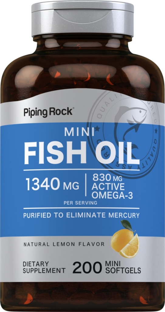 Piping Rock Mini Fish Oil 1340mg | 200 Softgels | Omega-3 Supplement for menn og kvinner | Lemon Flavor | Ikke-GMO og Glutenfri