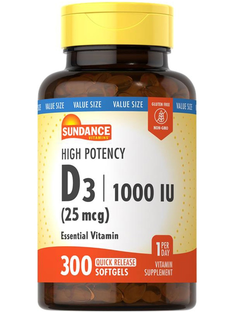 Sundance vitamin D3 1000 IE | 300 Softgels | Høy styrke | essensiell vitamin formel | Ikke-GMO og Glutenfri Supplement