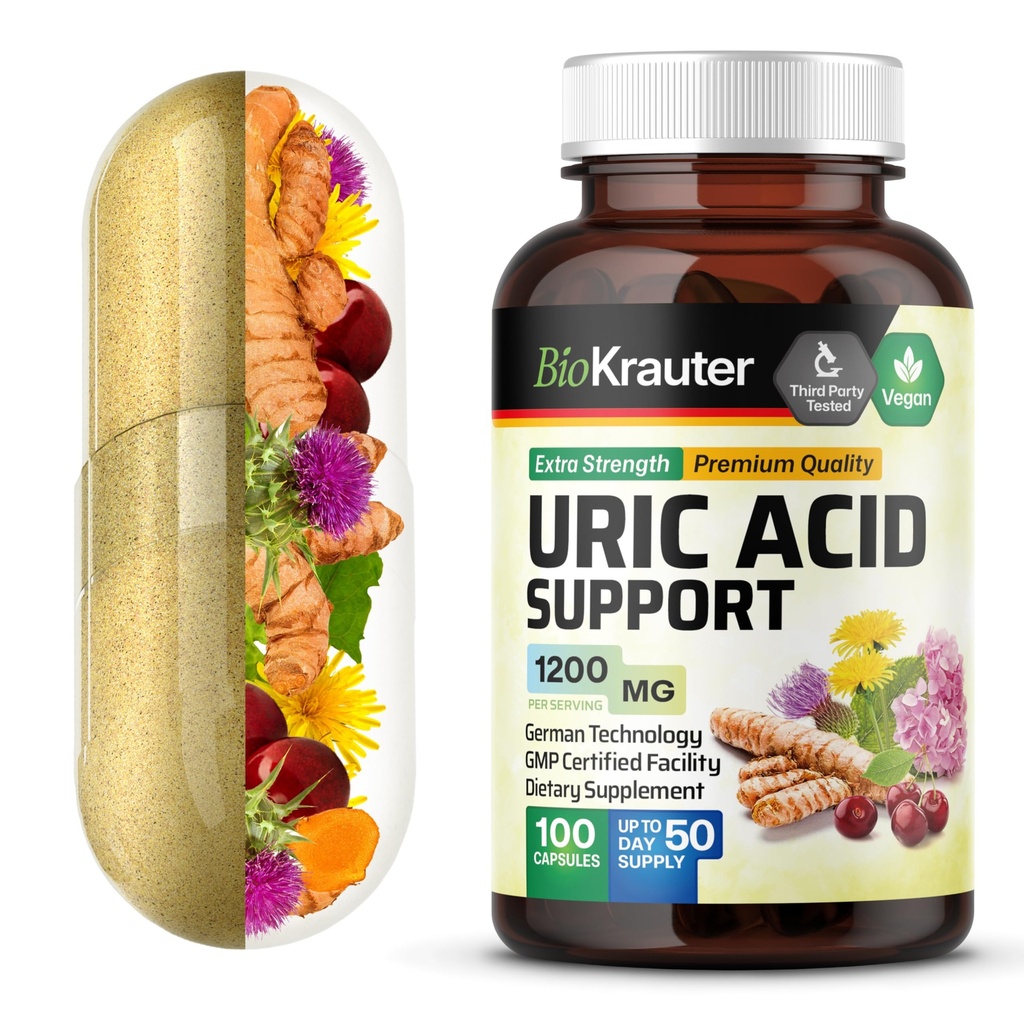 BIO KRAUTER Uric Acid Støtte Kapsler 1200 mg Blanding - 100 greve - Nyre Supplement w/Tart Cherry 10:1 Ekstrakt - Melk Thistle & Turmeric Extract - Vegan