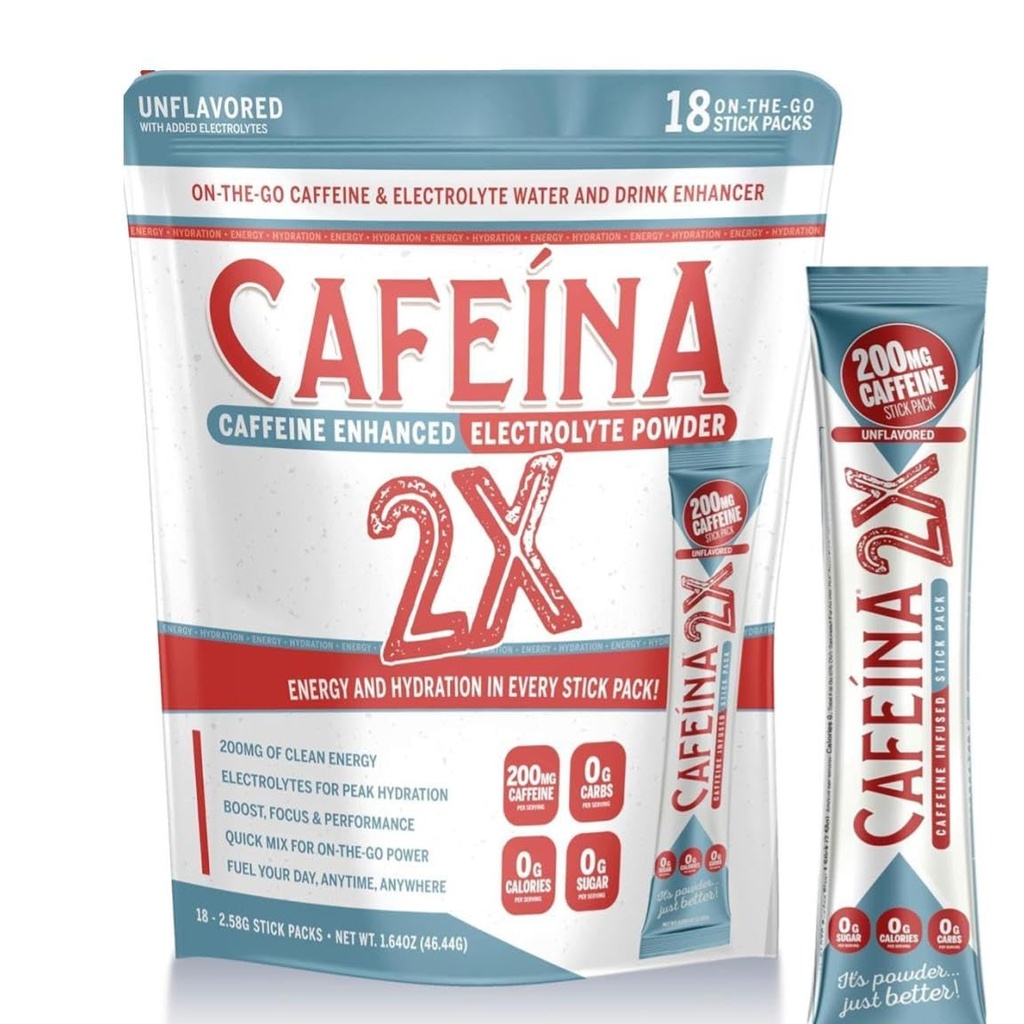 CAFEINA 2X - 200mg koffein og elektrolyt infisert pulver Stick Packs (18 greve)