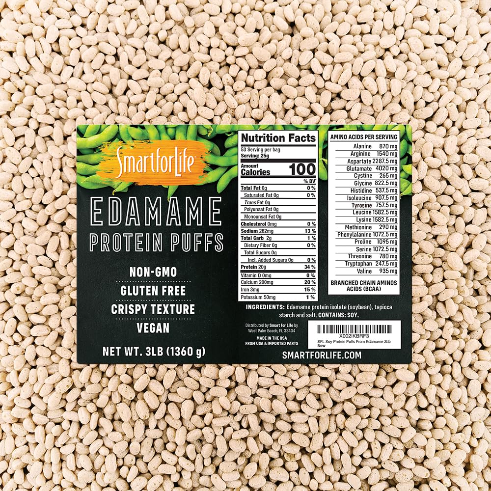Smart for livet soya protein puffs fra Edamame - høy protein null sukker soya protein isolere puffs - 20 gram proteinsnacks - ikke-GMO, glutenfri - 3 pound boks - 53 serveringer - soya puffs...