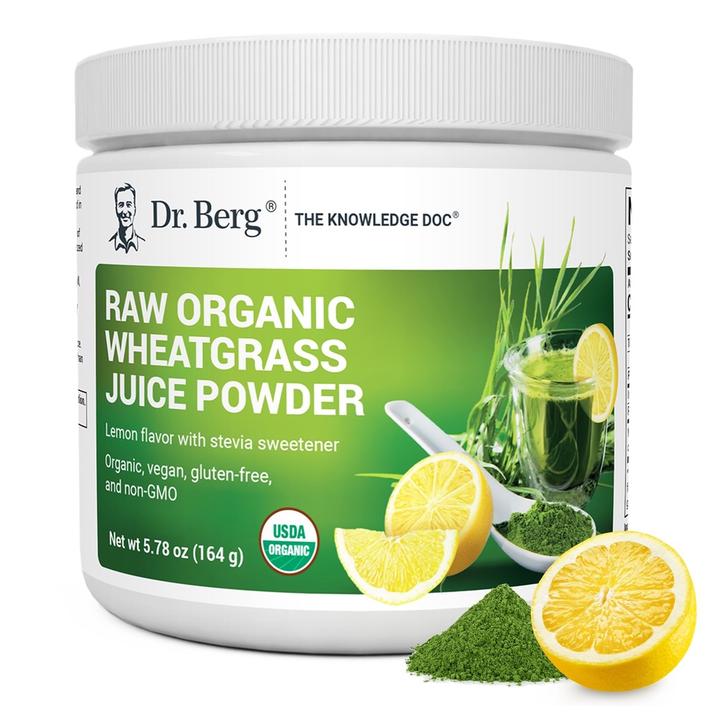 Dr. Berg USDA Certified Organic Green Powder Superfood (60 Serveringer) - Laget med Raw Wheatgrass, Klorofyll, Trace Minerals & Naturlige Enzymer - Ikke-GMO Grønn Superfood Powder - Lemon Flavor