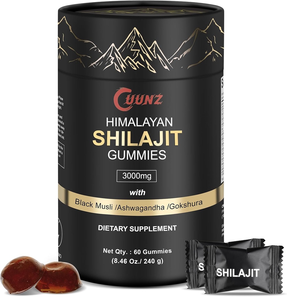 Himalayan Nutritious Shilajit Gummies gull - Ashwagandha, Gokshura - Fulvic Acid - 85+ Trace Minerals - for menn kvinner - Ingen tilsatt sukker (Shilajit Gold Gummies)