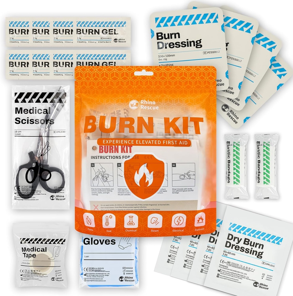 RHINO RESCUE Burn Kit, 4pcs Burn Dressings 4x4\", 8pcs Burn Gel Packets 3,5g, 4pcs Burn Pads, Førstehjelps Kit Kjøle sotende krem Relief med Bandage, Nitril Hansker, Scissors, Tape, HSA / FSA kvalifisert