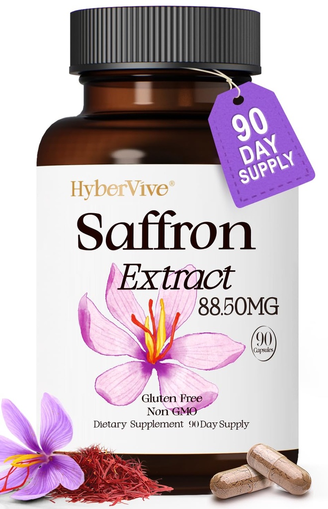Saffron Supplements 88.5MG ® 90 Vegan Capsules, Happy Saffron Extract for Mood Energy Eye Focus støtte for kvinner og menn, 100% ren ingredienser, laget i USA, ikke-GMO & Glutenfri