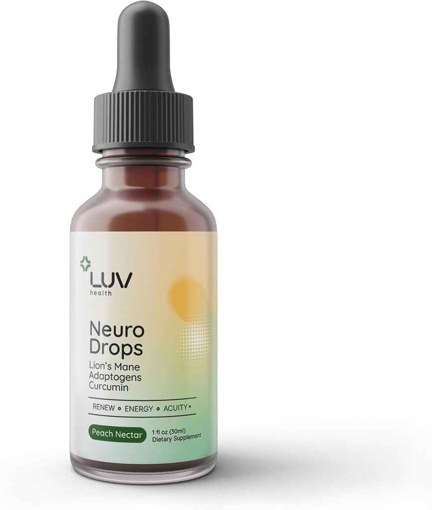 LUV helse Neuro Drops – Nerve smertestøtte og felles komfort med Lion's Mane, Curcumin, Cordyceps & Reishi – organiske adaptere – Vegan, ikke-GMO, laget i USA - 30 Services