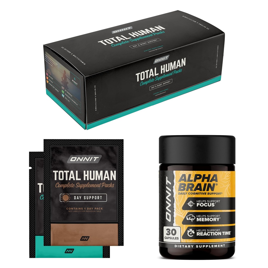 ONNIT Premium Alpha Brain Bundle - Nootropic Brain Supplement (30 greve) for fokus, konsentrasjon og minne + Total menneskelig dag og natt vitamin pakker for menn og kvinner (30-dagers forsyning)