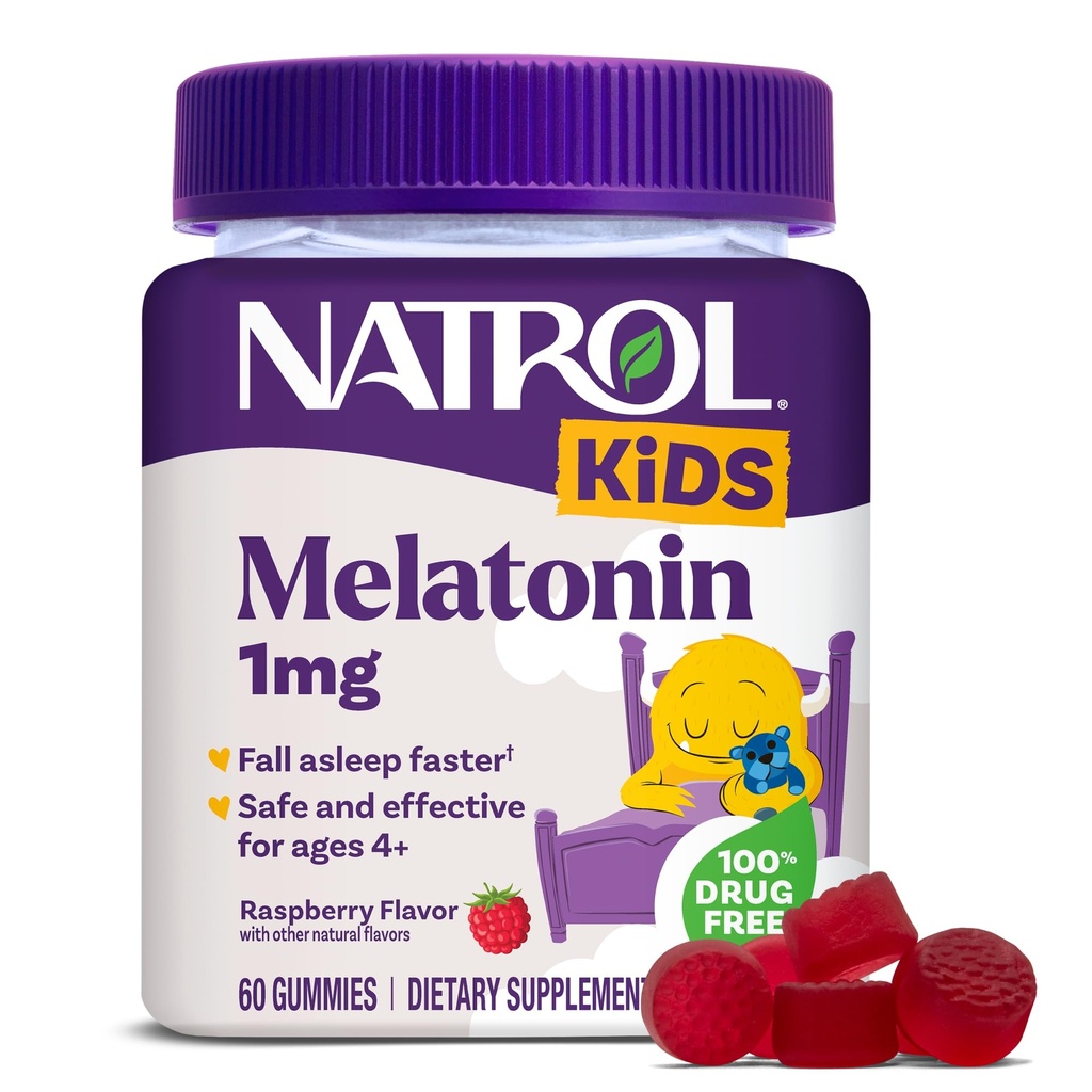 Natrol Kids Melatonin Gummies 1 mg, Barns Melatonin for Restful Sleep, 60 Raspberry-Flavored Sleep Gummies, 60 dagers forsyning