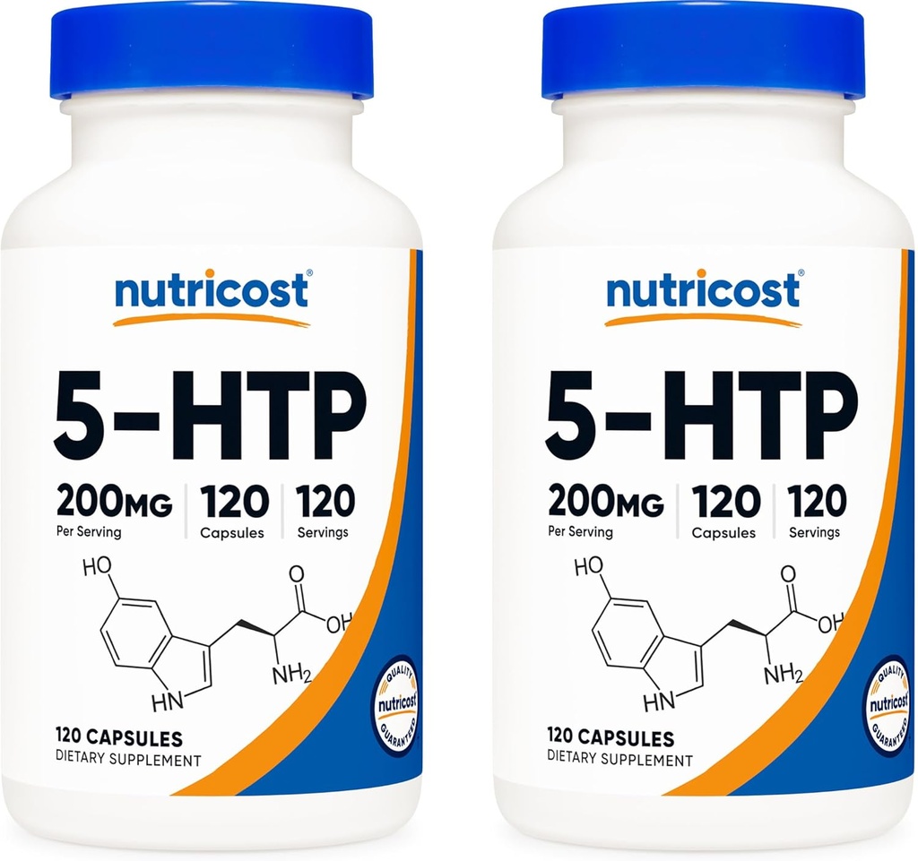 Nutricost 5-HTP 200 mg, 120 Vegetariske kapsler (5-hydroksytryptophan) - Ikke-GMO & Glutenfri (2 flasker)