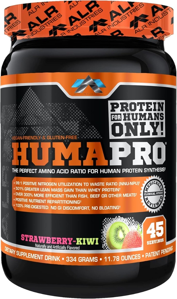 Humapro | Aminosyrer Protein Matrix for mennesker | 99% Bruk for Lean Muscle | Vegan, Glutenfri | 334g / 45 Serveringer (Strawberry Kiwi)