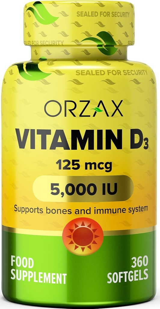 ORZAX-vitamin D3 5000 iu (125 mikrog) – Ikke-GMO, Glutenfri, Sukkerfri, Dairy Free – 1 års levering for sterk muskelfunksjon og immunstøtte – Mood Supplement for velvære (360 Softgel)