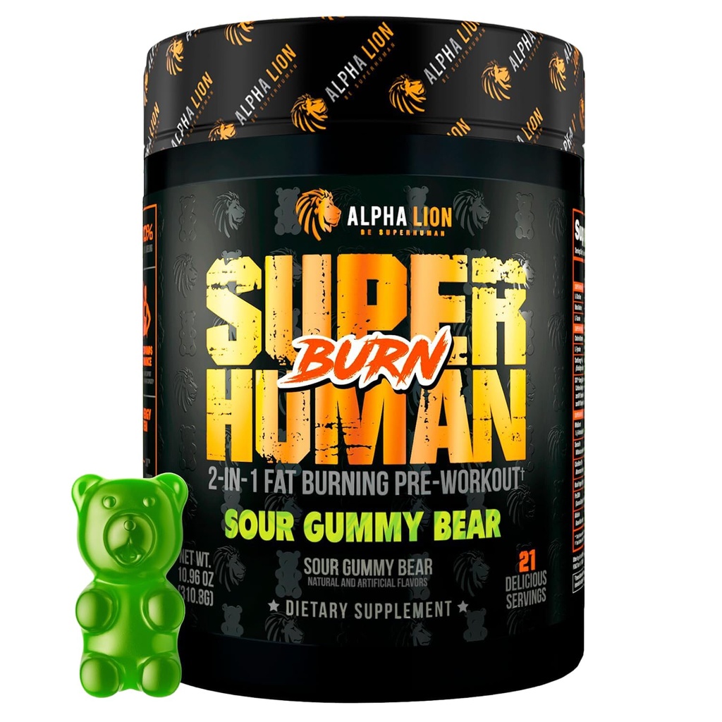 ALPHA LION Superhuman Burn – 2 i 1 Metabolisme Booster pre trening og termogen fettforbrenner for menn – Appetitt Suppressant og vekttap Supplement (21 serveringer, Sour Gummy Bear)