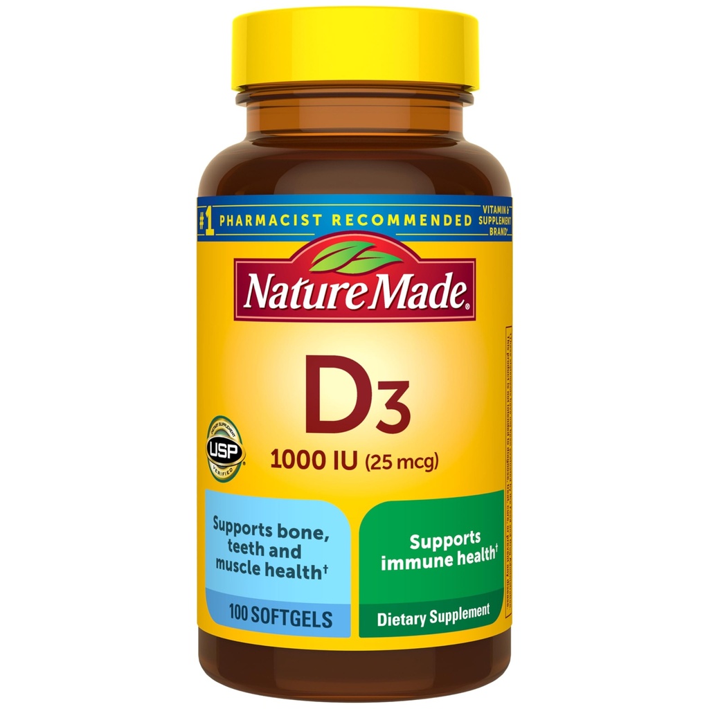 Naturlaget vitamin D3 1000 IU (25mg), vitamin D Supplement for bein, tenner, muskel og immun helse støtte, 100 Softgels, 100 dagers forsyning