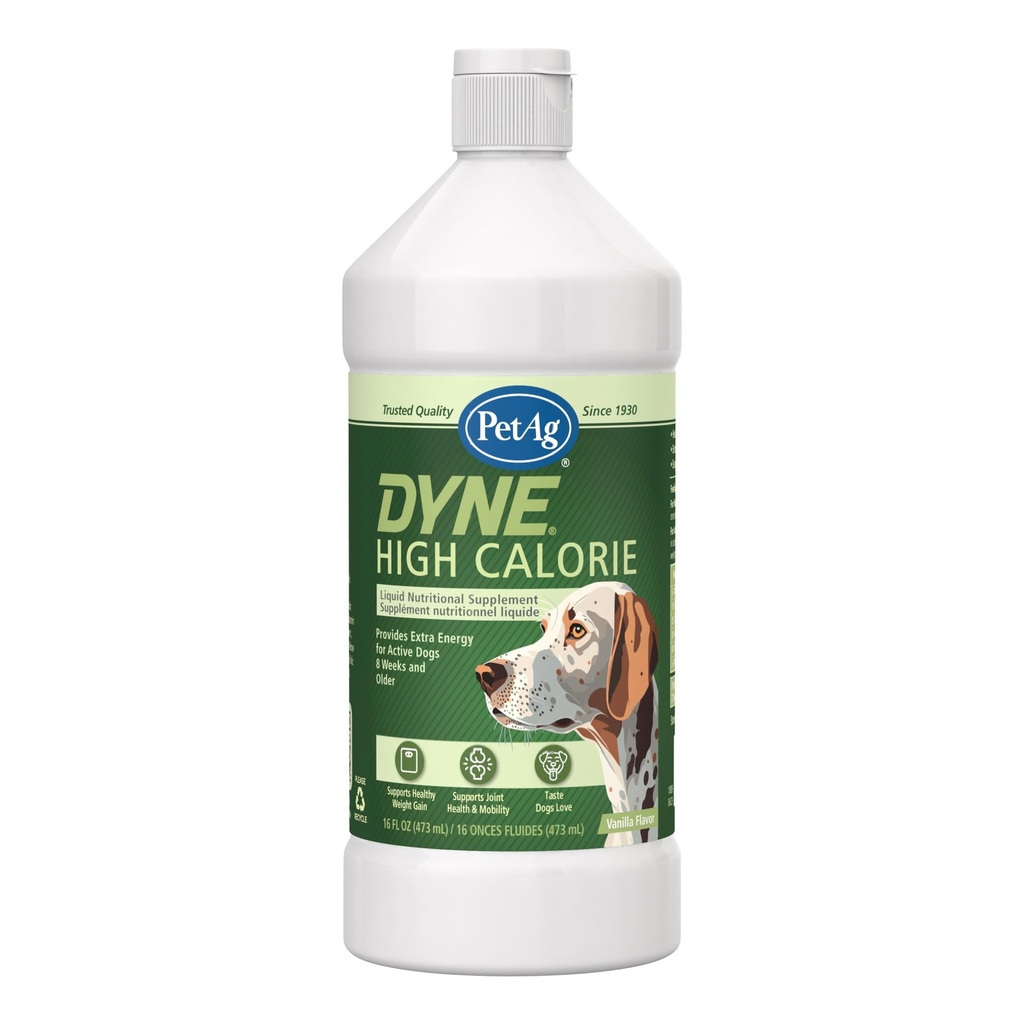 PetAg Dyne Høy Calorie flytende ernæringstilskudd for hunder og valper 8 uker og eldre - 16 oz - støtter ytelse og utholdenhet - Sweet Vanilla Flavor
