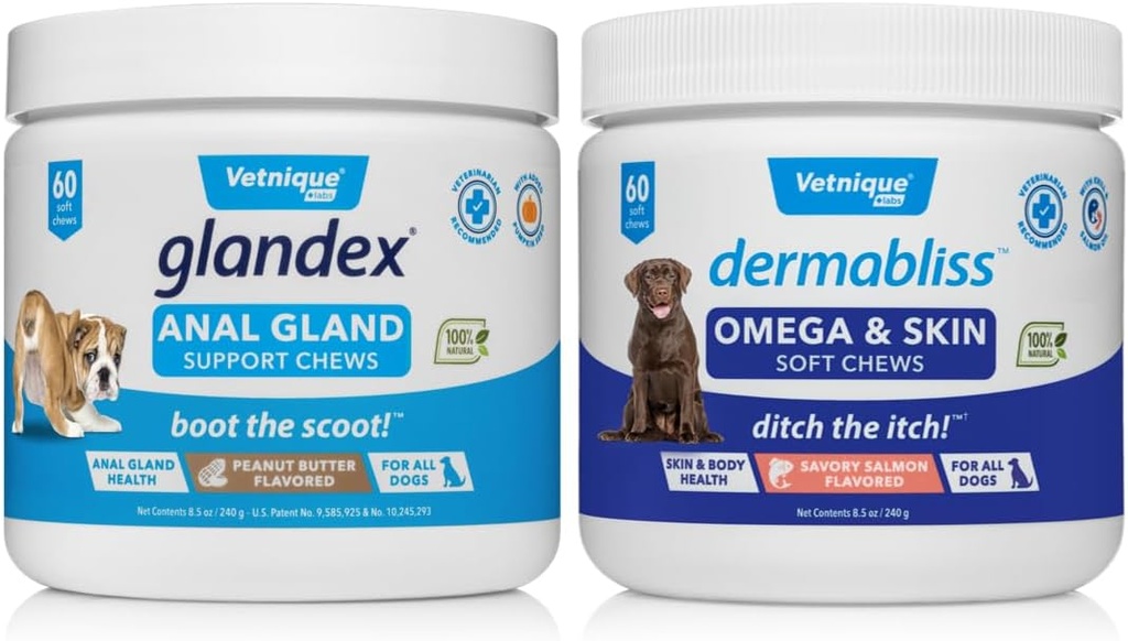 VETNIQUE Dermabliss Omega & hud Supplement Chews for hunder (60ct) & Glandex Anal Gland Støtte Peanut Butter Mykt Chews for hunder (60ct) Bundle