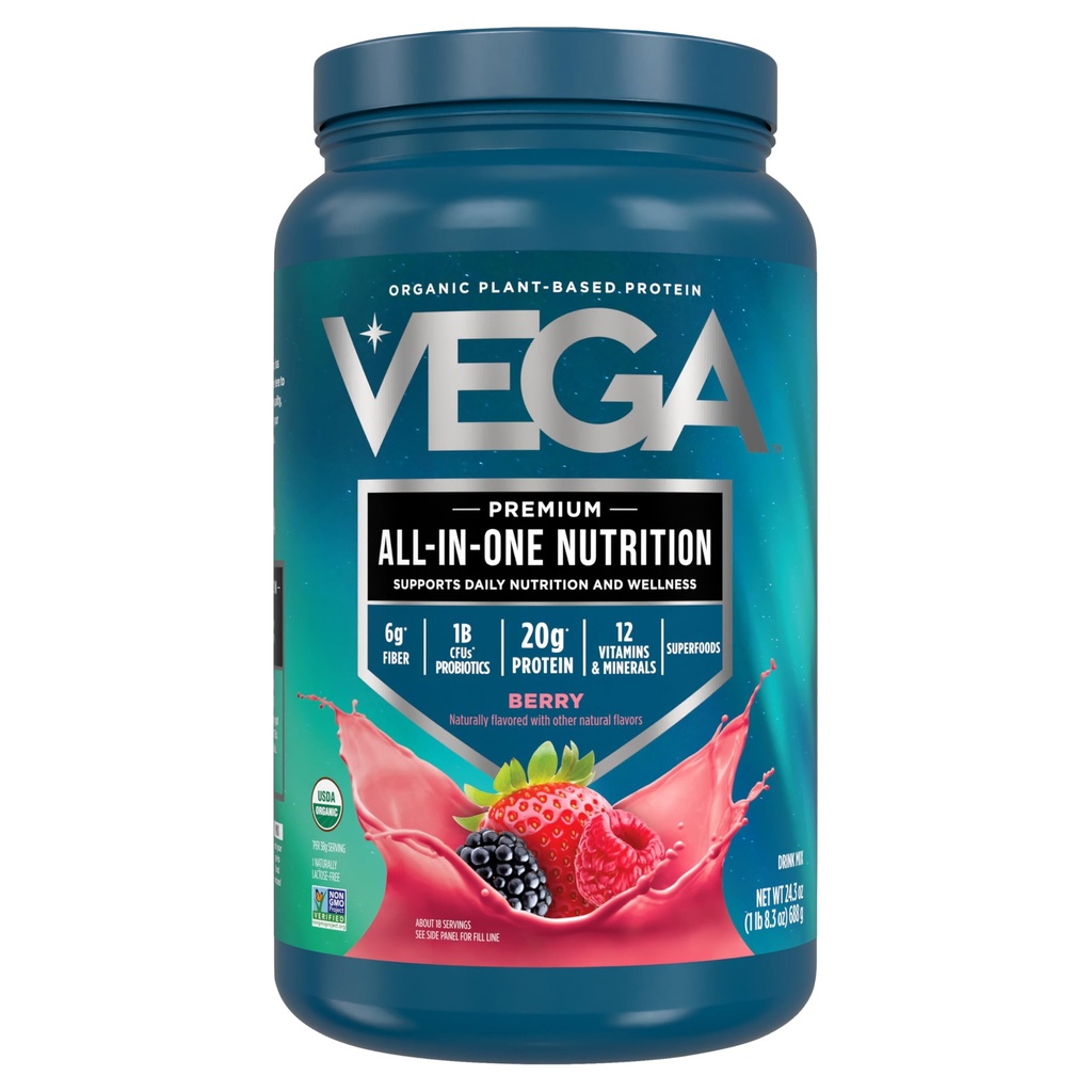 Vega Alt i En Ernæring økologisk - 20g Plantebaserte Erteprotein, Berry, 20 Serveringer, vitaminer A & C, Probiotika, Grønn, Vegan, Keto, Glutenfri, 24.3oz (Packing May Vary)