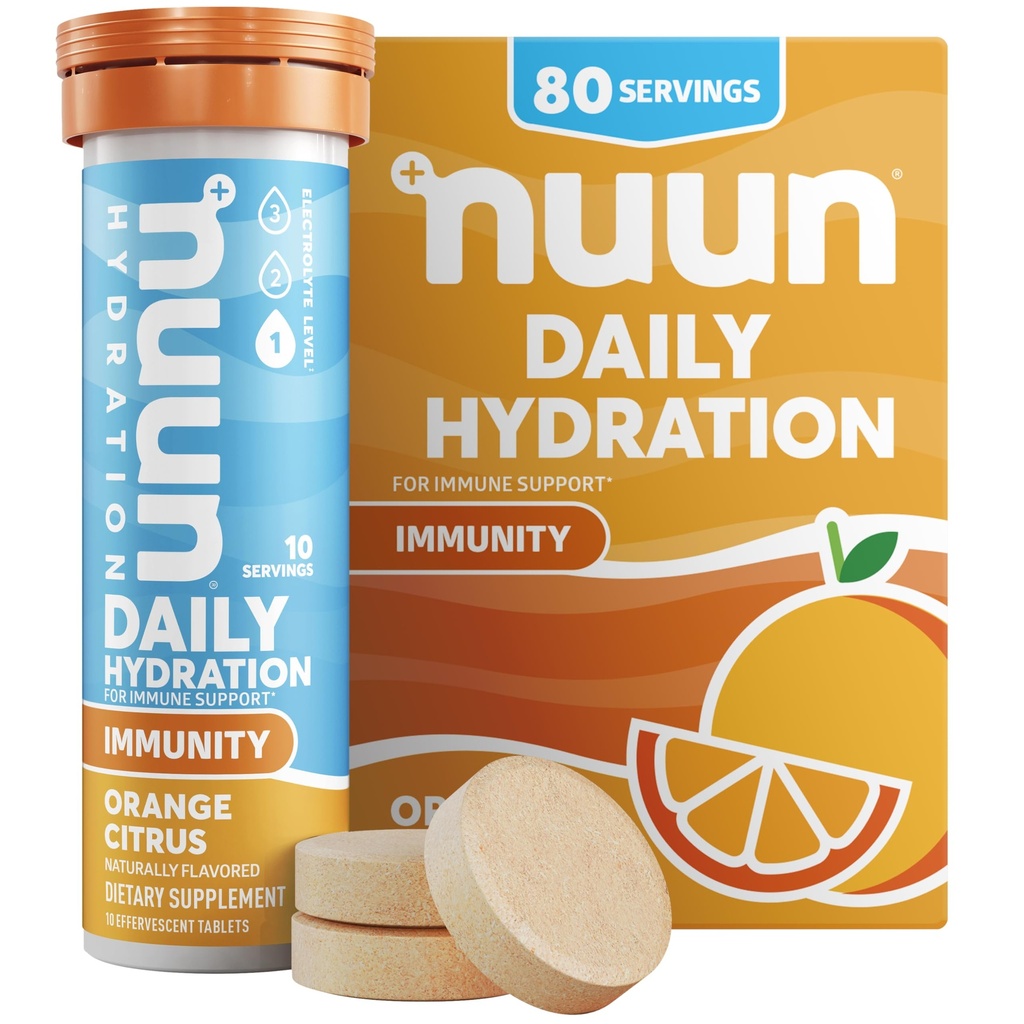 Nuun immunitet elektrolyte tabletter med vitamin D, C, E, & A, Ginger, eldrebær, magnesium og 4 andre essensielle elektrolyter, vegan, oransje citrus, 8 pakke (80 serveringer totalt)