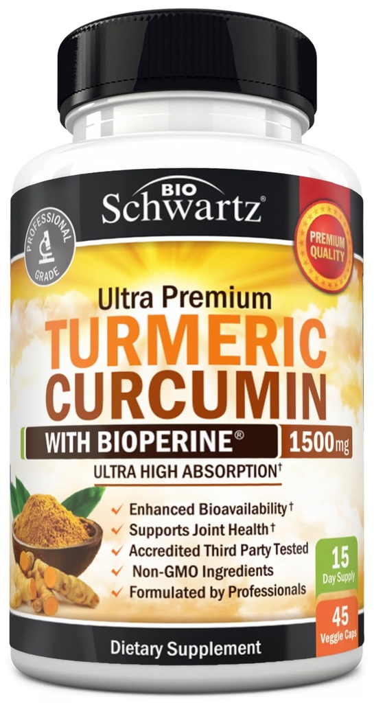 Turmeric Curcumin med svart pepper ekstrakt 1500 mg - høy absorpsjon Ultra Potent Turmeric Supplement med 95% Curcuminoids og BioPerine - Ikke GMO Tumeric Kapsler for felles støtte - 45 Kapsler