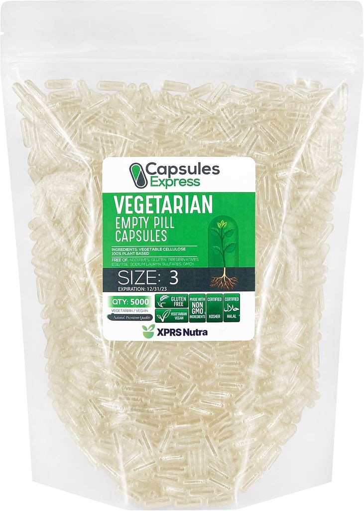 XPRS Nutra Størrelse 3 tomme kapsler - 5000 greve klart tomme veganske kapsler - vegetariske tomme piller - DIY grønnsaker Capsule Fylling - Veggie piller