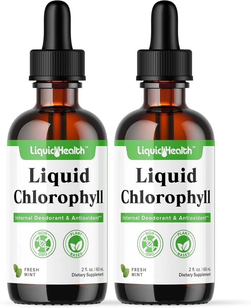 LiQUIDHEALTH flytende klorofyll Drops - Intern deodorizer, antioksidanter, leverdetox, immunstøtte, lindre dårlig puste, redusere aptit, kollagen for hår og hud helse - Vegan, ikke-GMO (2 pakke)