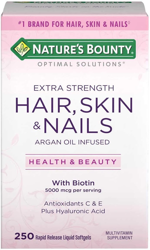 Naturens Bounty hår hud og negler 5000 mHg Biotin - 250 belagte tabletter regelmessig & ekstra styrke (ekstra styrke, to flasker hver av 250 Softgels)