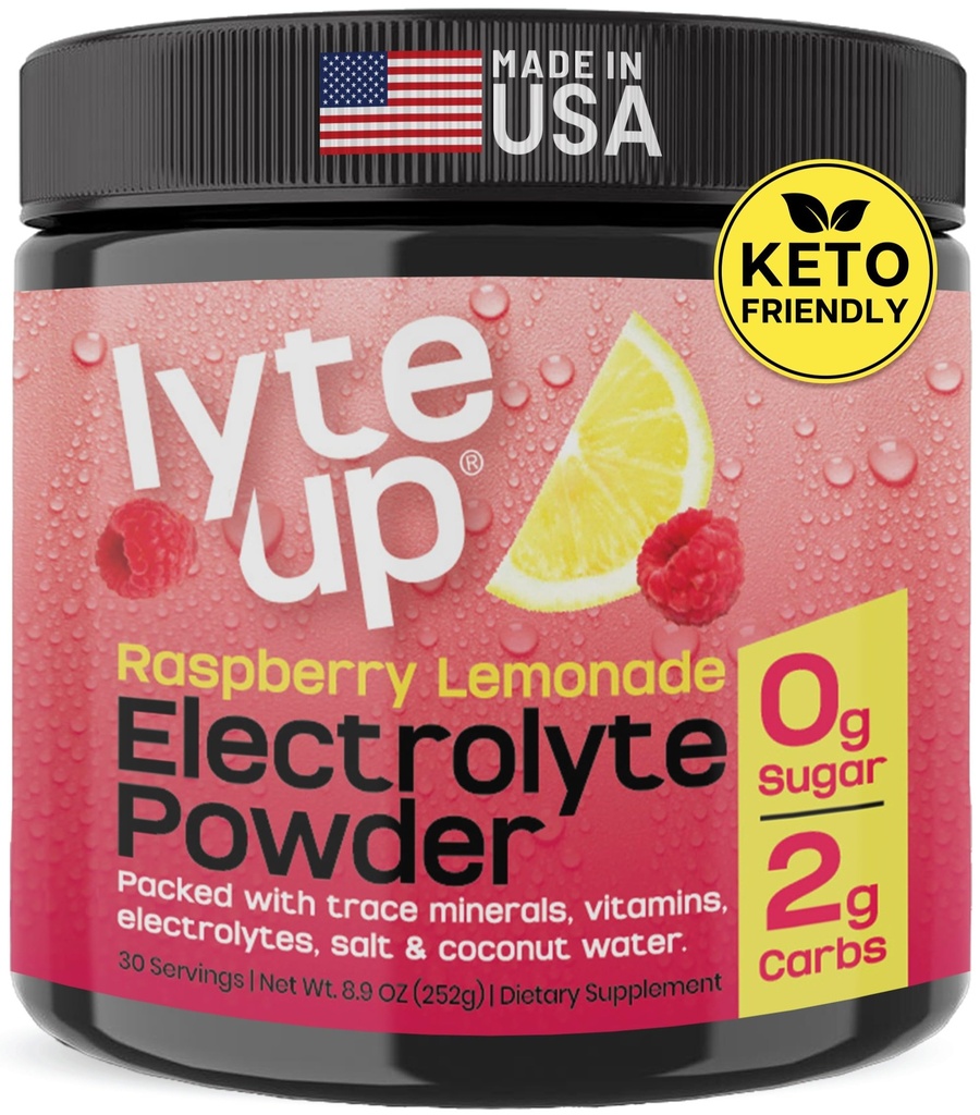 Nutriana Keto Electrolytes pulver Ingen sukker - Zero Carb & Zero Calorie Electrolyte Drink Mix - Sugar Free Electrolytes for Hydration Powder - Fasting Electrolytes Bringebær Lemonade Flavor