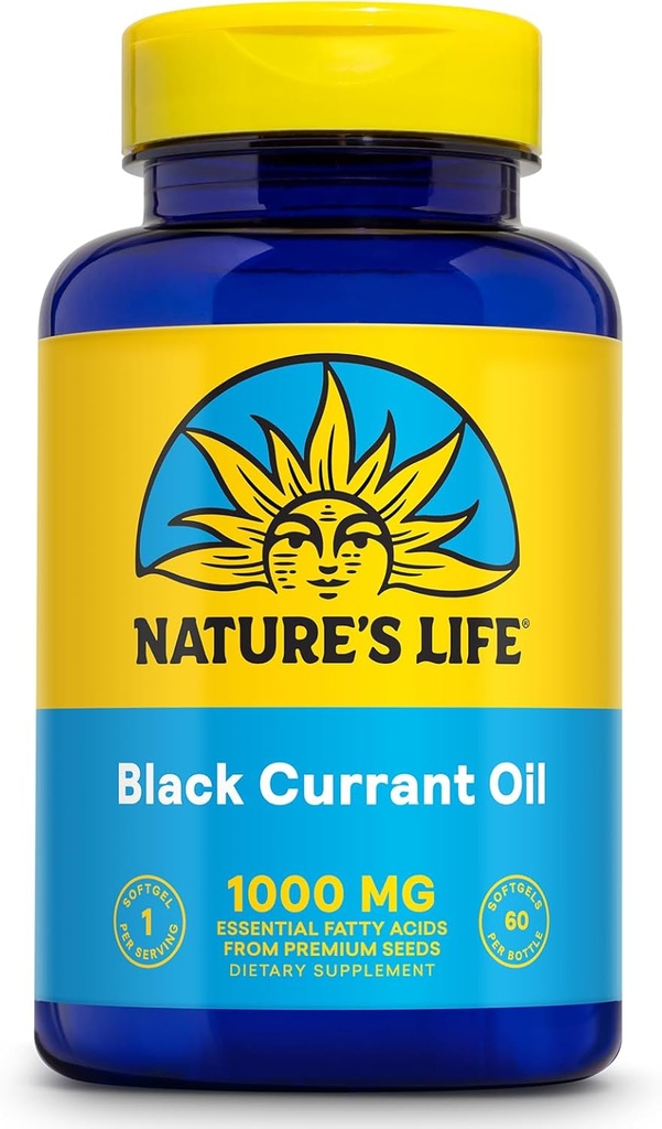 NATURE'S LIFE Black Currant Seed Oil 1000mg - Black Currant Oil, Naturlig kilde til Omega 6 Gamma Linolenic Acid (GLA) og Omega 3 Alpha-Linolenic Acid (ALA), 60-dagers garanti, 60 serveringer, 60 Softgels