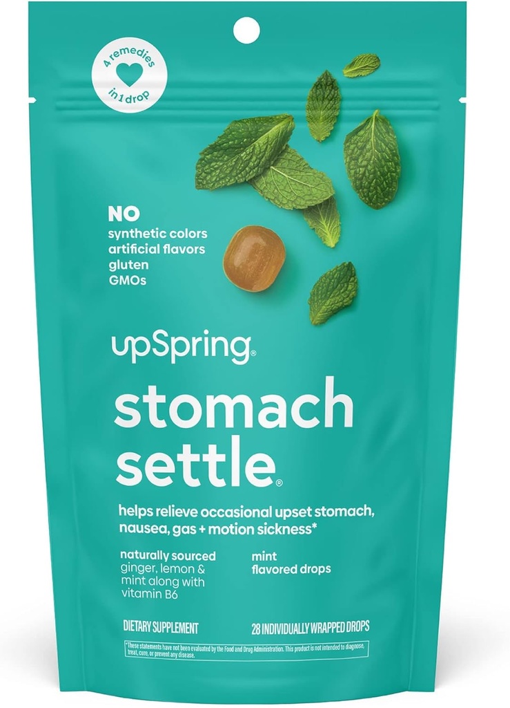 UpSpring Mage Setle Drops for anledningssykdom Relief / Upset Mage med Ginger, sitron, Spearmint og B6. Mint Flavor Drops, 28 Ct(Packing May Vary)