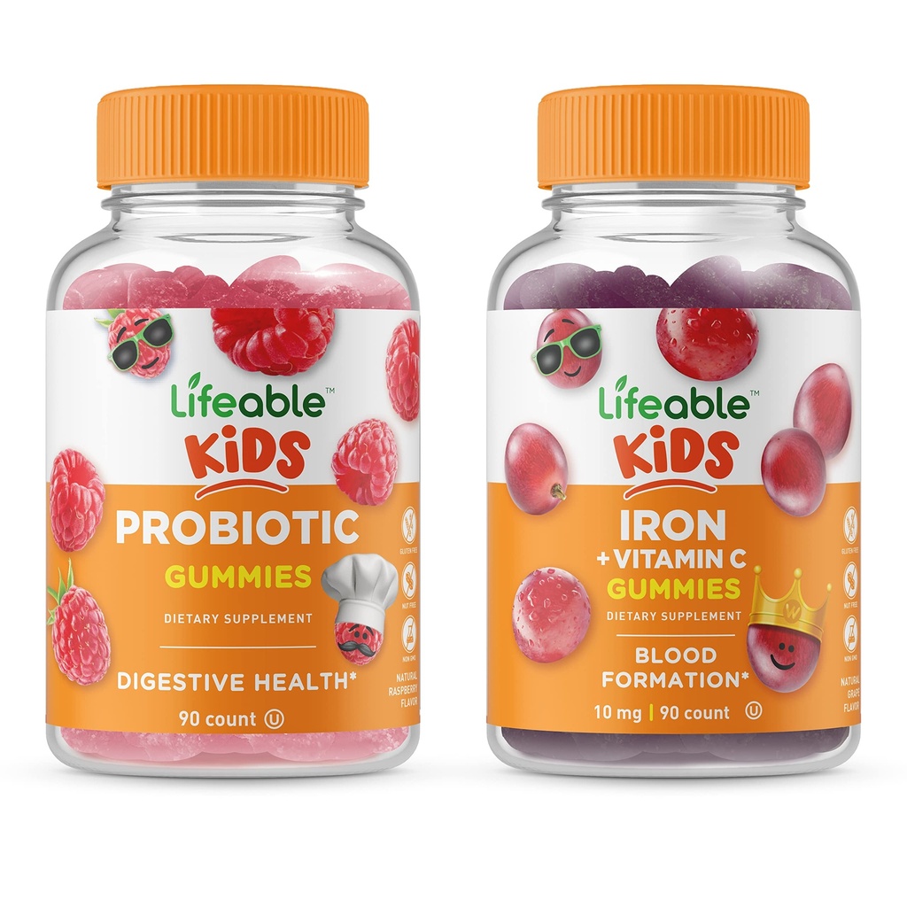 Lifeable Probiotic 2 milliarder CFU Kids + jern og vitamin C Kids, Gummier Bundle - Great Tasting, vitamin Supplement, Glutenfri, GMO Free, Chewable Gummy